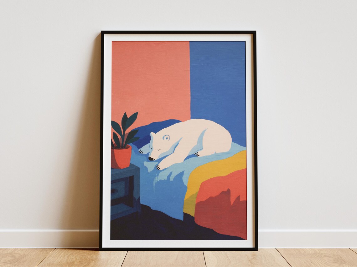Polar Bear Sleeping on Blue Bed Cozy Matisse Style Art Poster