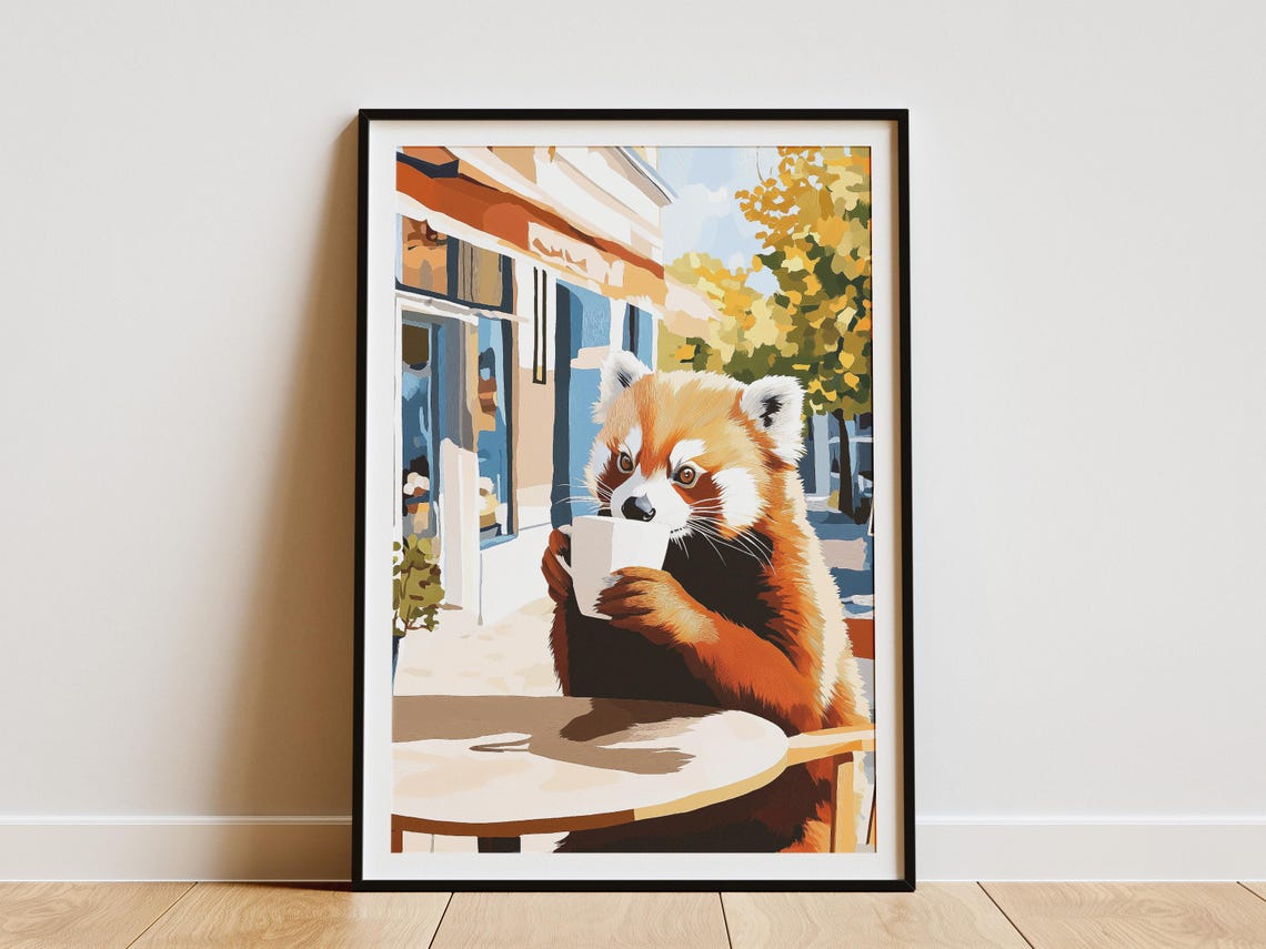 Red Panda Holding A Coffee Mug At An Autumn Cafe Terrace Poster
