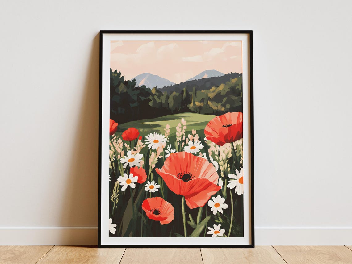 Red Poppy And White Daisy Summer Meadow Floral Botanical Wall Art