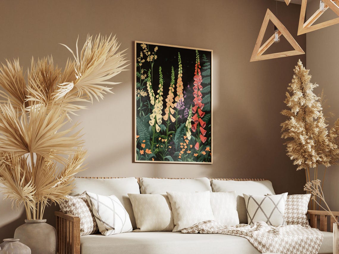 Foxglove Spires And Ferns Dark Moody Botanical Flower Poster - Image 3