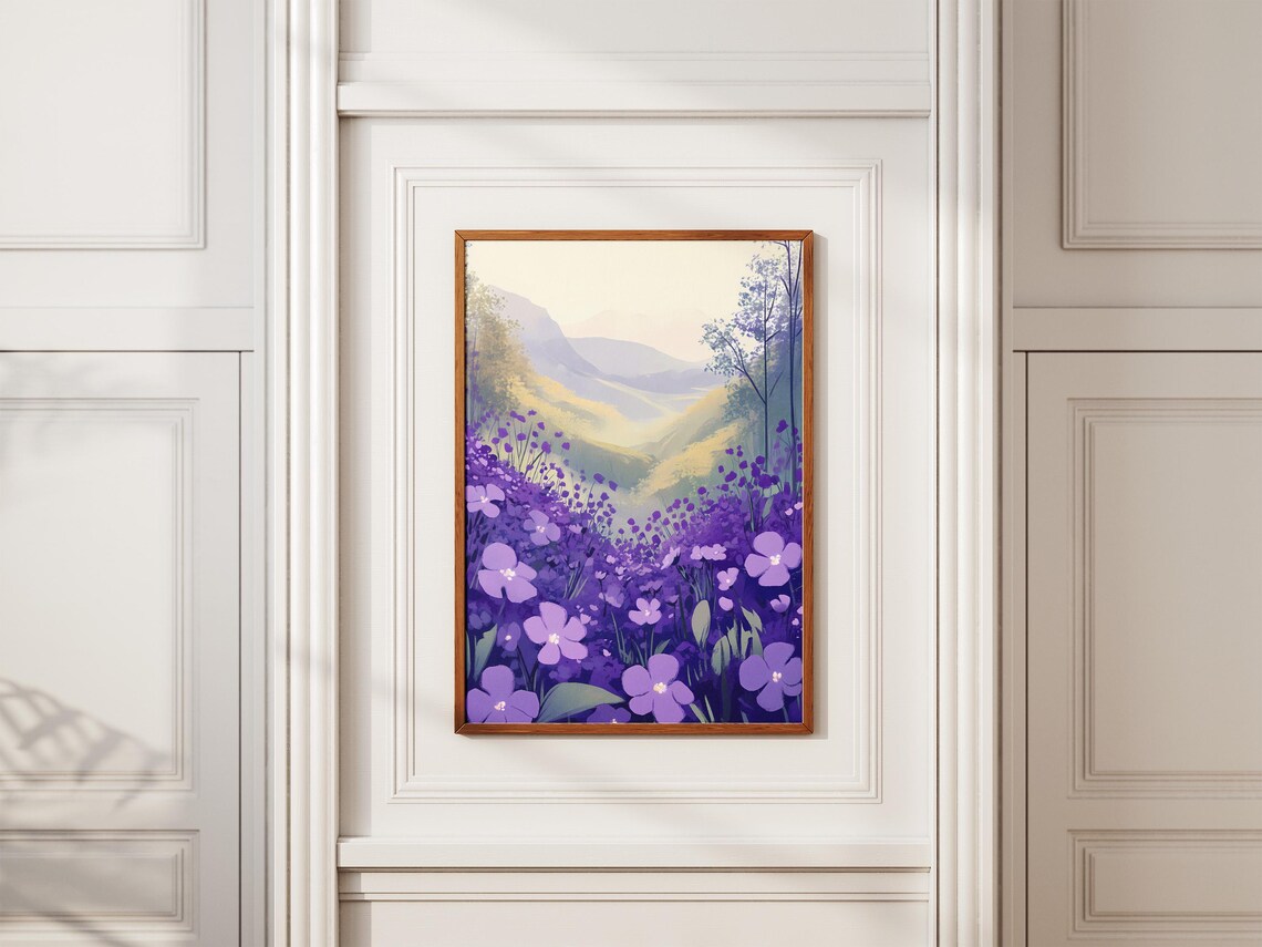 Purple Wild Violet Field in a Misty Mountain Valley Art Poster - Image 2