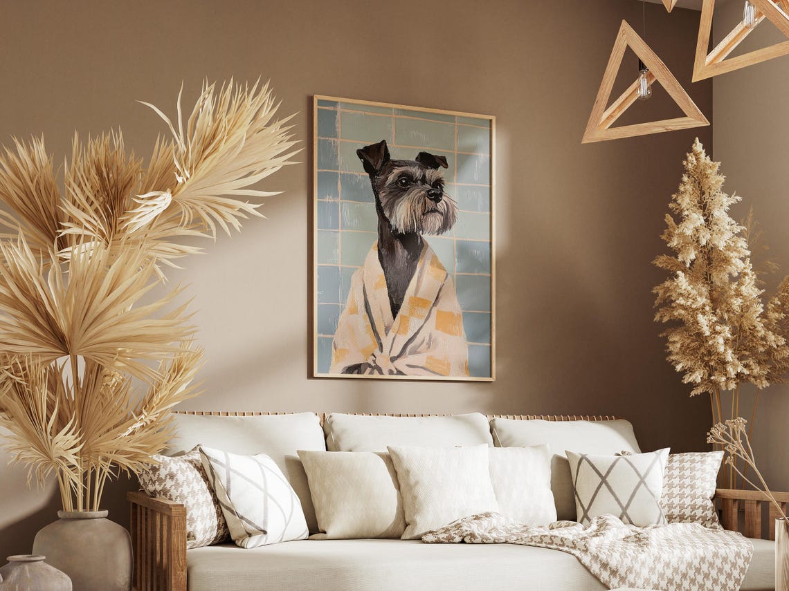 Miniature Schnauzer in Yellow Check Bathrobe Bath Art Poster - Image 3