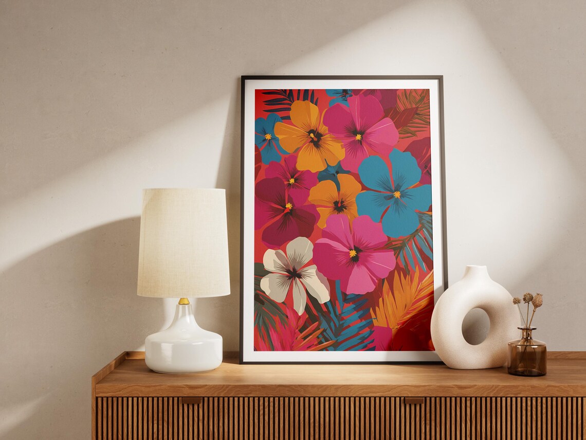 Bold Pop Art Hibiscus Flower Pattern Colorful Tropical Wall Art - Image 4
