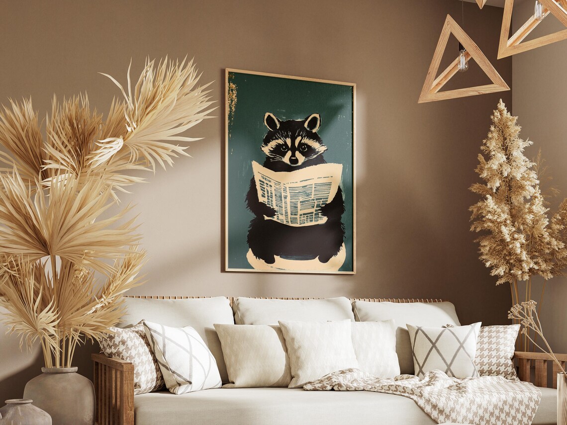 Raccoon Reading Newspaper On Toilet Dark Teal Bathroom Poster - Image 3