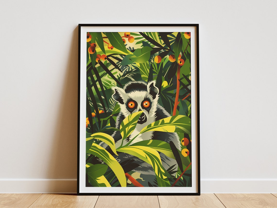 Ring Tailed Lemur Jungle Foliage Orange Fruits Wildlife Poster