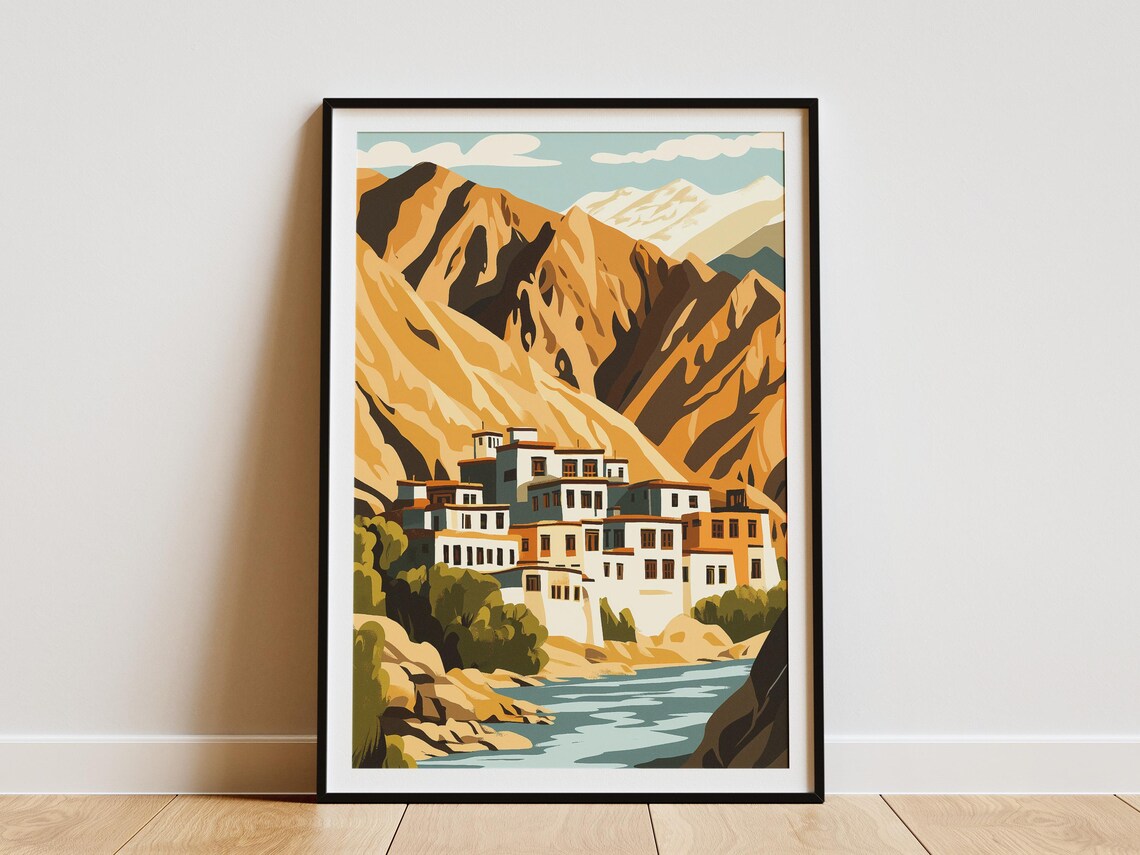 Ladakh India Himalayan Village by Turquoise River Mountain Poster