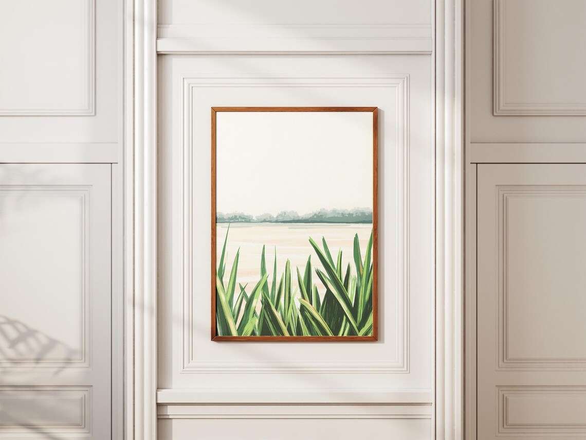Lakeshore Green Reeds Minimalist Calm Water Landscape Poster - Image 2