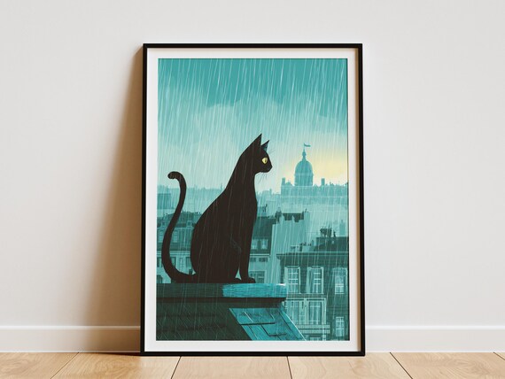 Black Cat Silhouette On Rainy Rooftop Overlooking City At Dusk Poster