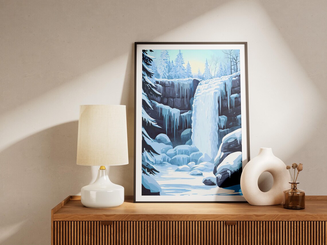 Frozen Blue Waterfall Icy Cascades Winter Landscape Art Poster - Image 5