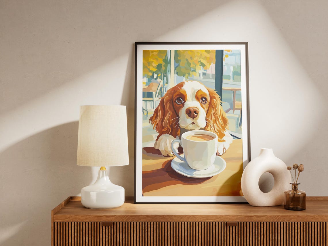 Cavalier King Charles Spaniel Puppy Behind a Coffee Cup Dog Poster - Image 4