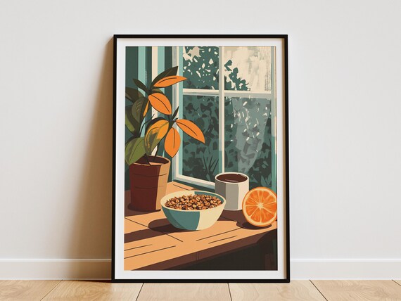 Cozy Breakfast Nook Print Wall Art Modern Kitchen Decor Orange And Teal Print Farmhouse Breakfast Poster Minimalist Food Illustration