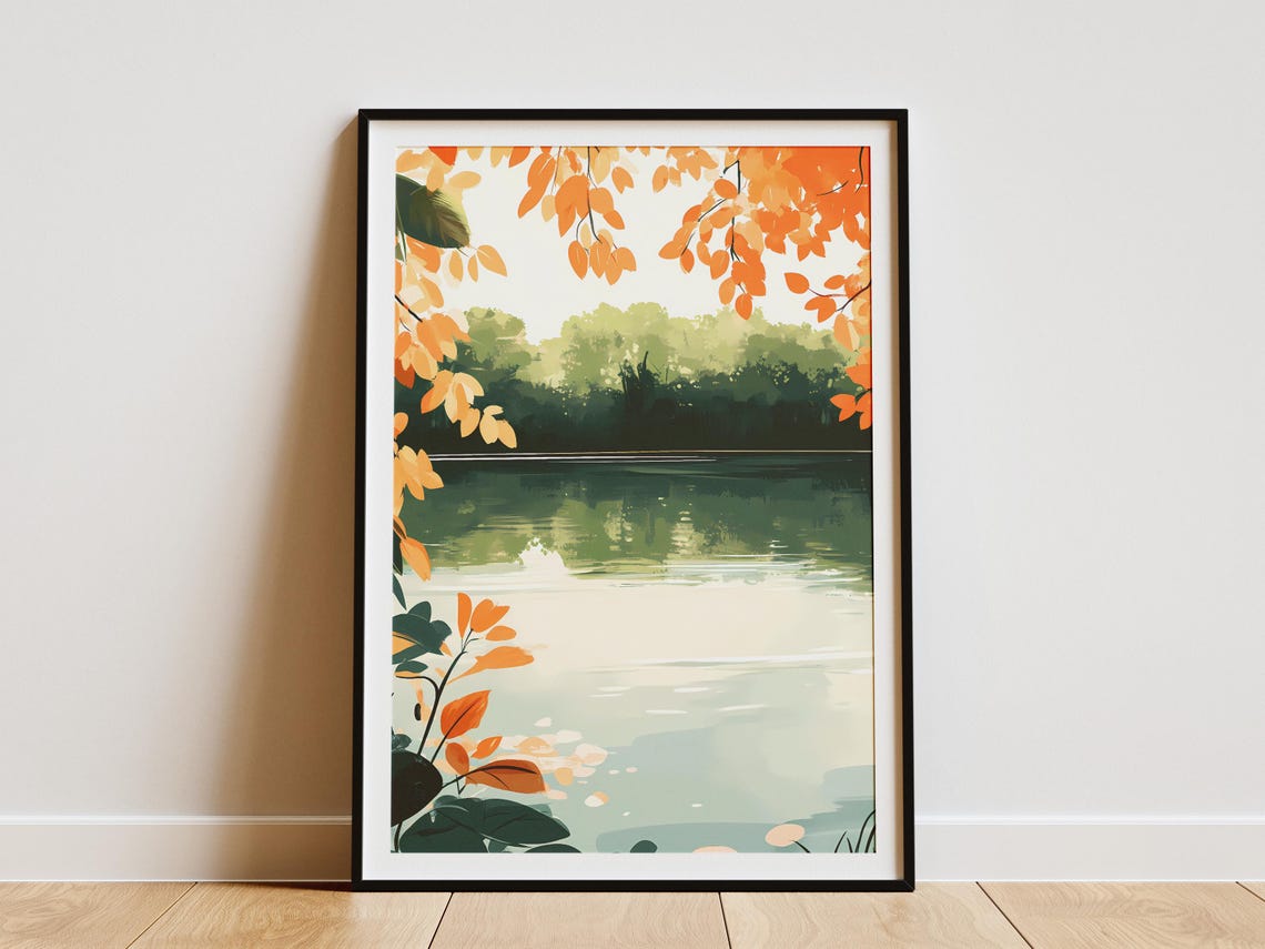Autumn Lake Framed by Orange Foliage Botanical Nature Art Poster