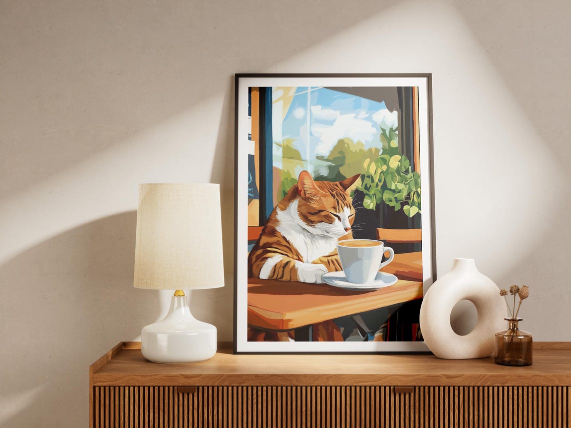 Orange Tabby Cat Napping Over Coffee Cup at Sunny Cafe Poster - Image 4