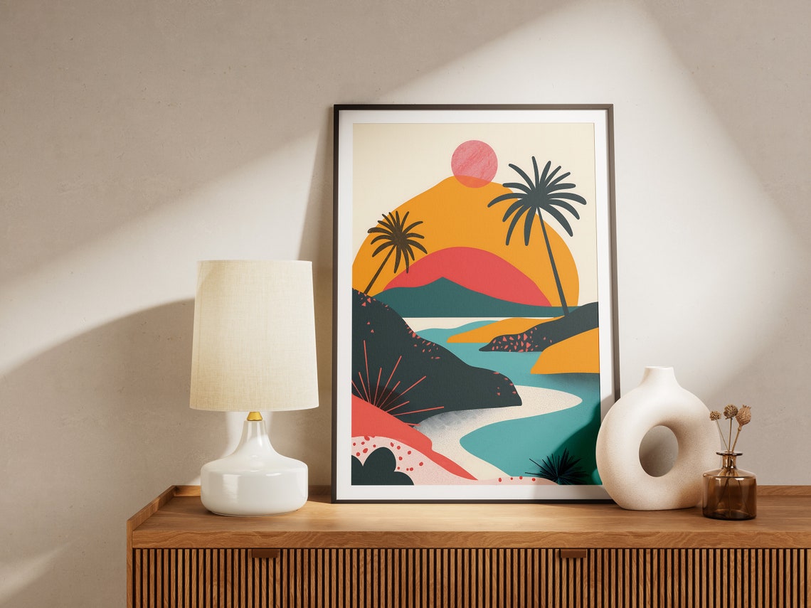 Tropical Beach Sunset With Palm Trees And Turquoise Cove Art Poster - Image 2