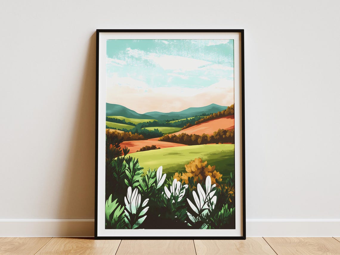 Rolling Green Valley With Orange Hills Modern Countryside Poster