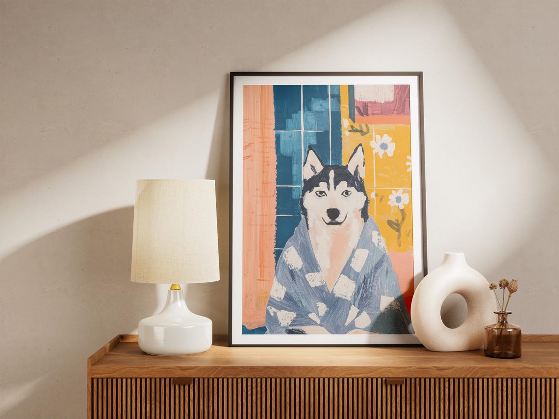 Stylish Husky In Blue Checkered Bathrobe Colorful Dog Wall Poster - Image 5
