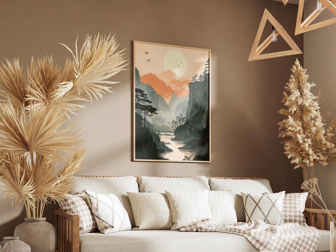 Wolong Nature Reserve Misty River Valley Pale Sunrise Poster - Image 3