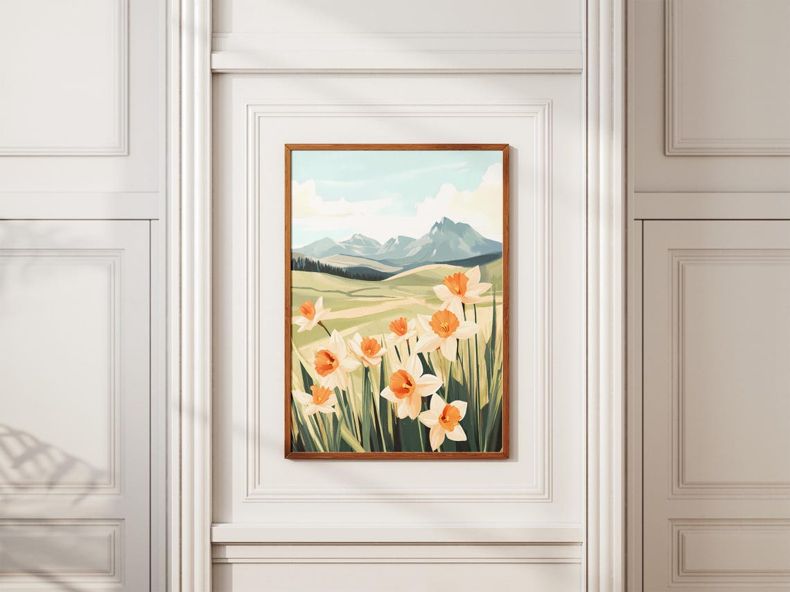 Daffodil Meadow In Green Valley Below Rocky Mountain Peaks Poster - Image 2