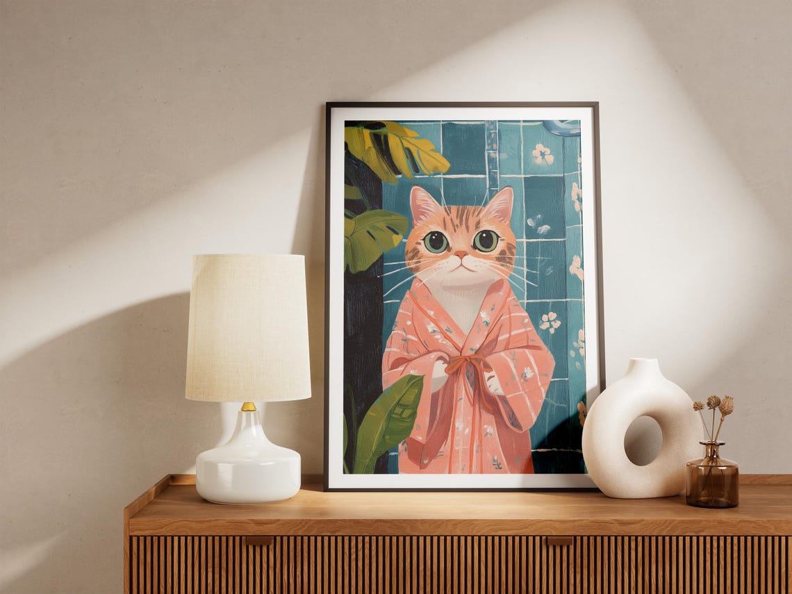 Scottish Fold Cat Art Print Pink Bathrobe Bathroom Poster Funny Lover Gift Quirky Home Decor Modern Wall Unique Illustration - Image 4