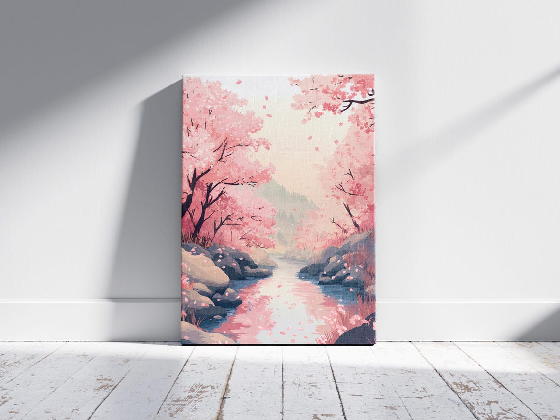 Pink Cherry Blossom River Flowing Through Spring Forest Poster - Image 2