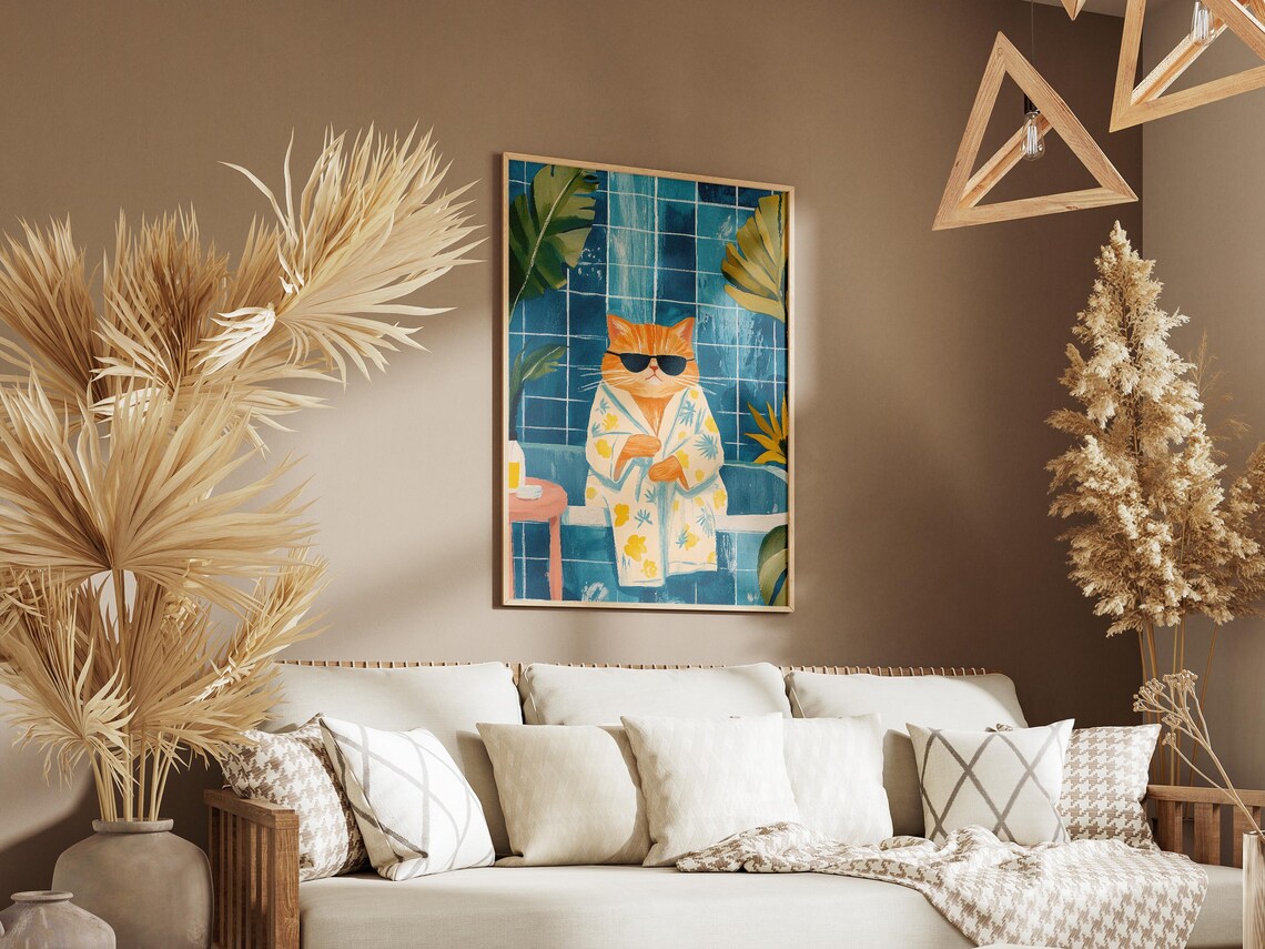 Cool Cat in Sunglasses Floral Bathrobe Tropical Bathroom Pet Art Poster - Image 3