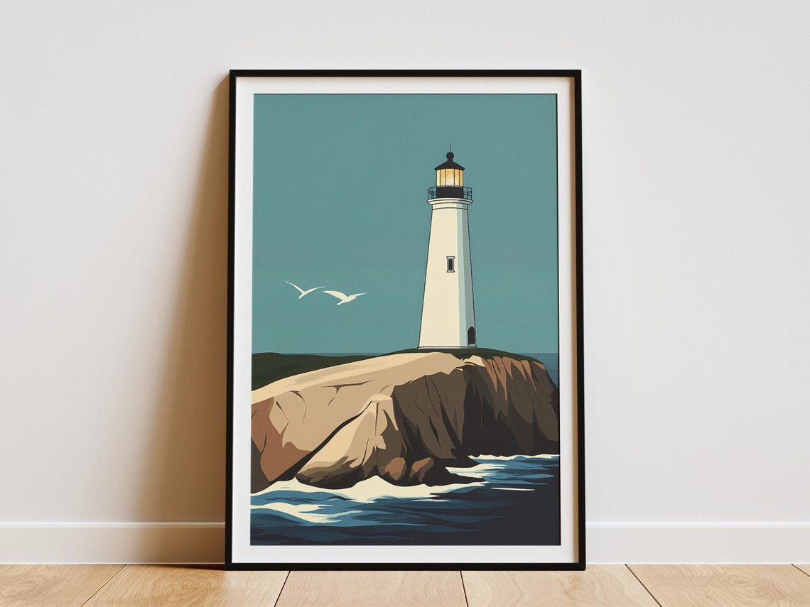 Lighthouse Poster Coastal Art Print Ocean View Wall Decor Modern Home Decor Nautical Illustration Cliffside Lighthouse Beach Hous