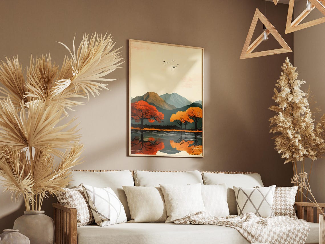 Autumn Trees Red Orange Reflection Still Lake Mountain Poster - Image 3