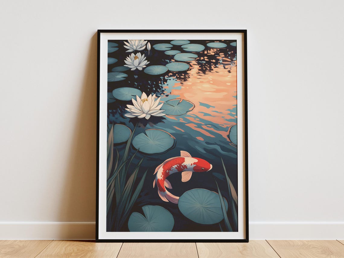 Red Koi Fish and Lotus Flowers Pond Japanese Sunset Art Poster