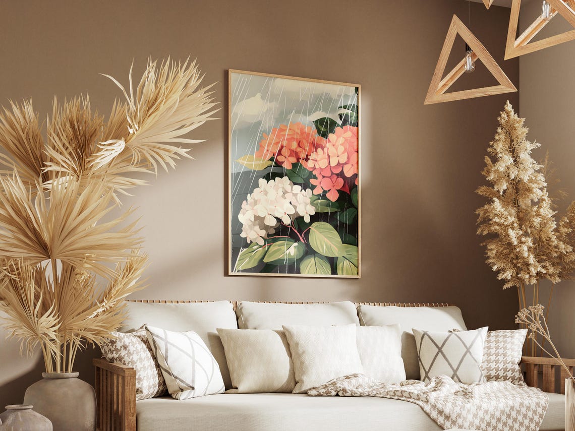 White and Peach Hydrangea Blooms in Slanting Rain Art Poster - Image 3