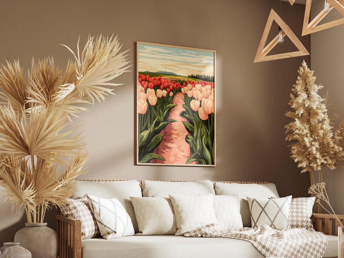 Red Blush Tulip Field Path With Distant Mountains Spring Art Poster - Image 3