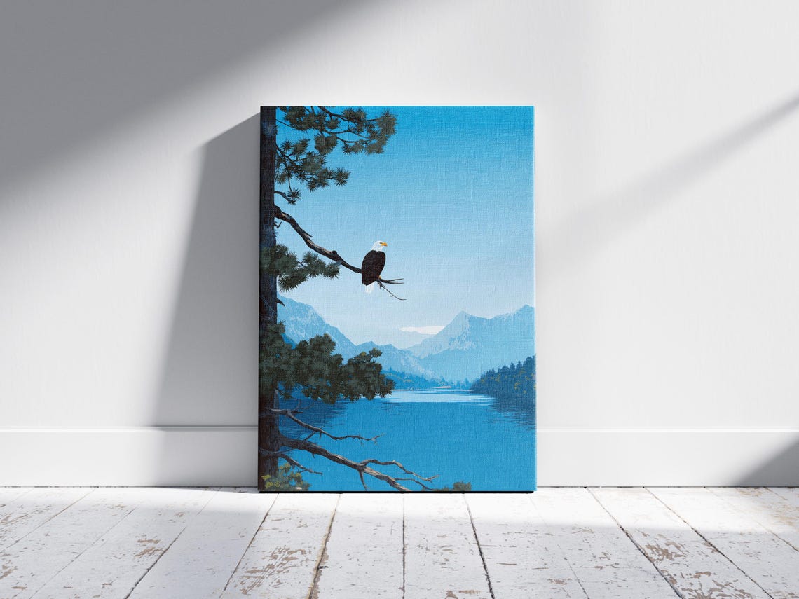 Bald Eagle Perched on Pine Branch Over Blue Mountain Lake Poster