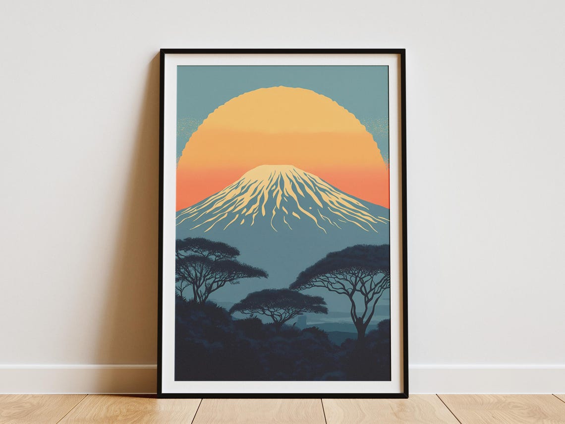 Kilimanjaro National Park Tanzania Poster African Safari Print Mountain Landscape Art Travel Vintage Style Illustration Nature Wall