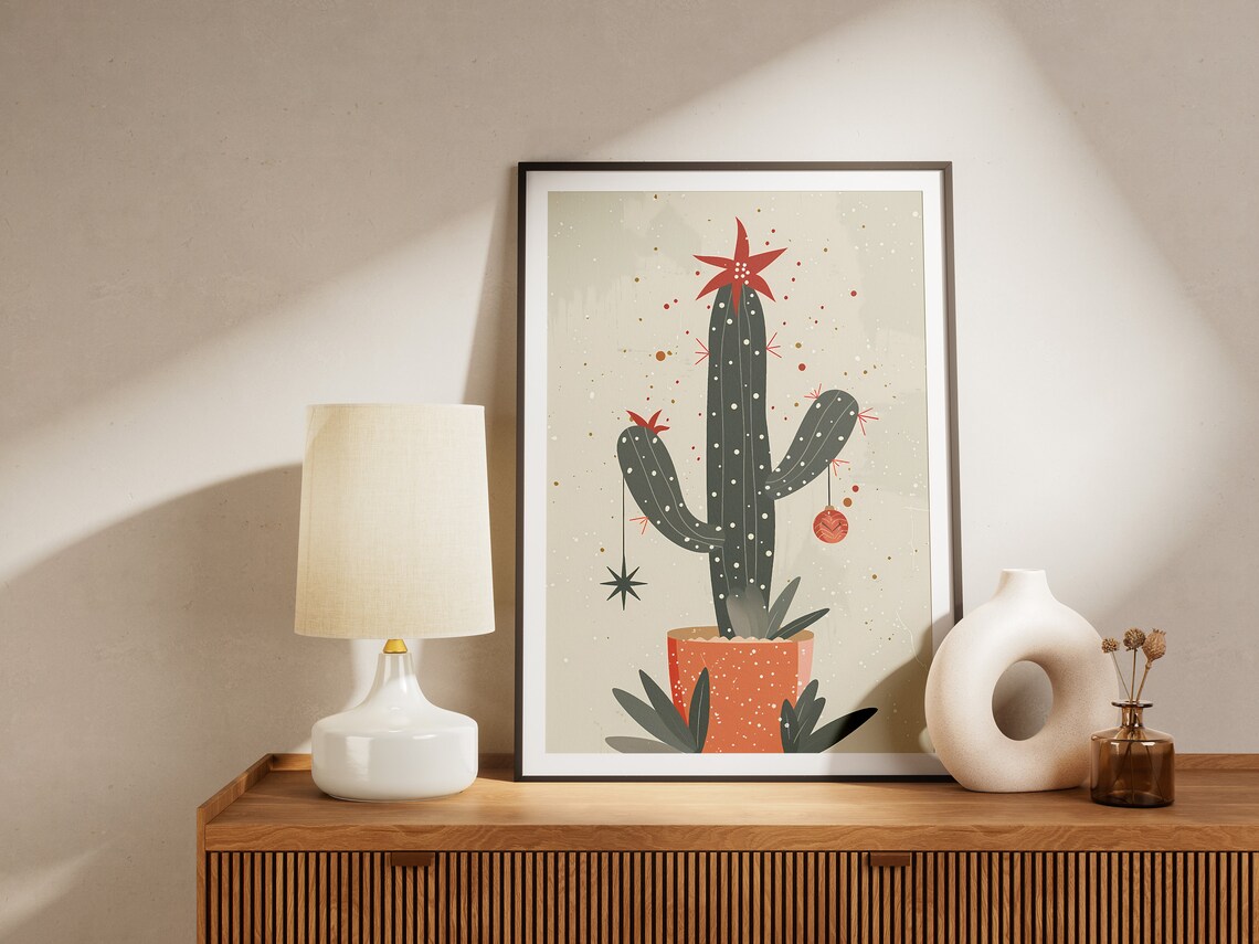 Christmas Cactus Holiday Tree Decorated Red Star Holiday Art Poster - Image 2