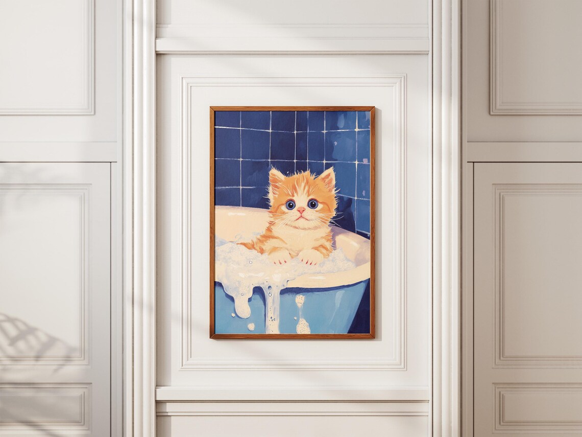 Orange Kitten in Blue Bubble Bath Tub Cute Cat Bathroom Poster - Image 2