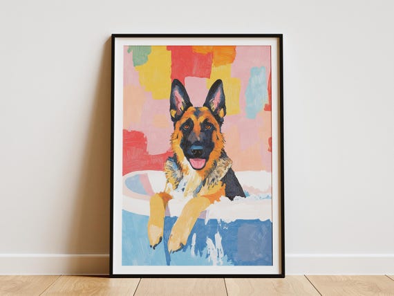 German Shepherd Dog Art Print Bath Time Poster Pet Portrait Funny Animal Wall Lover Gift Bathroom Decor Canine