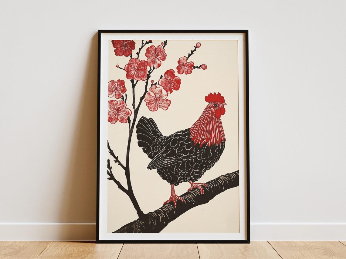 Red and Black Rooster Perched Under Plum Blossom Branch Art Poster