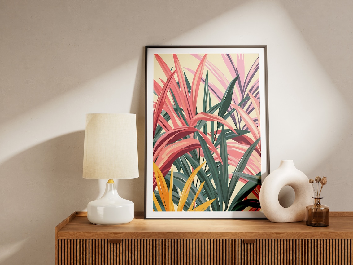 Colorful Tropical Foliage Leaves Pink Orange Botanical Art Poster - Image 2