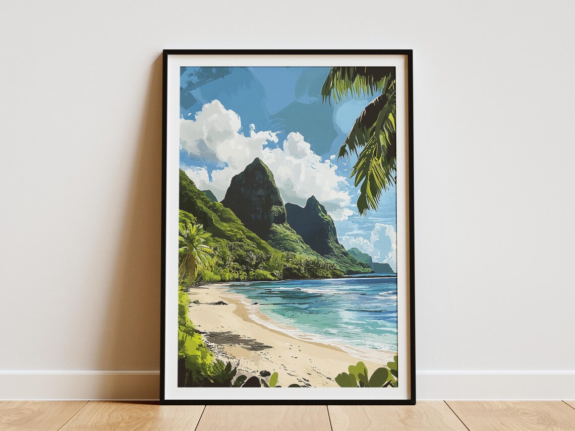Tropical Island Beach Volcanic Peaks Turquoise Lagoon Poster
