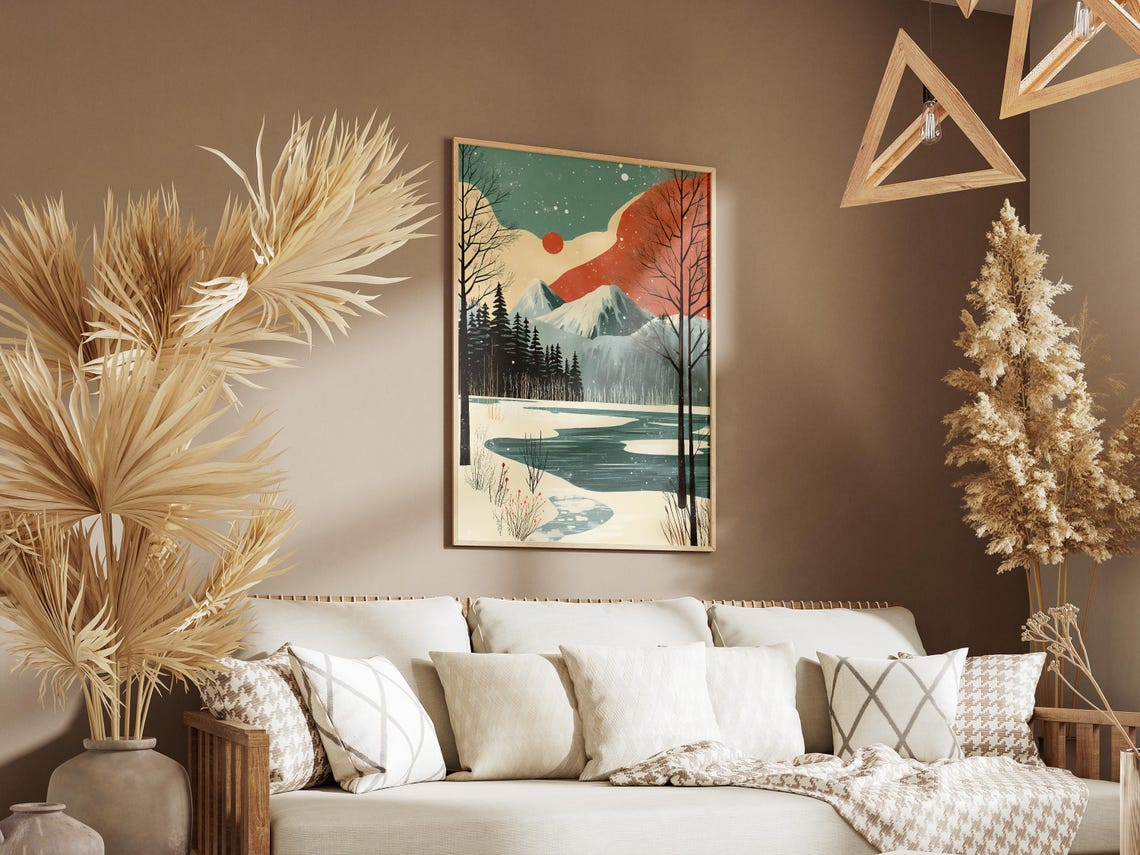 Frozen Lake Beneath Snowy Peaks Under a Terracotta Evening Sky Poster - Image 3