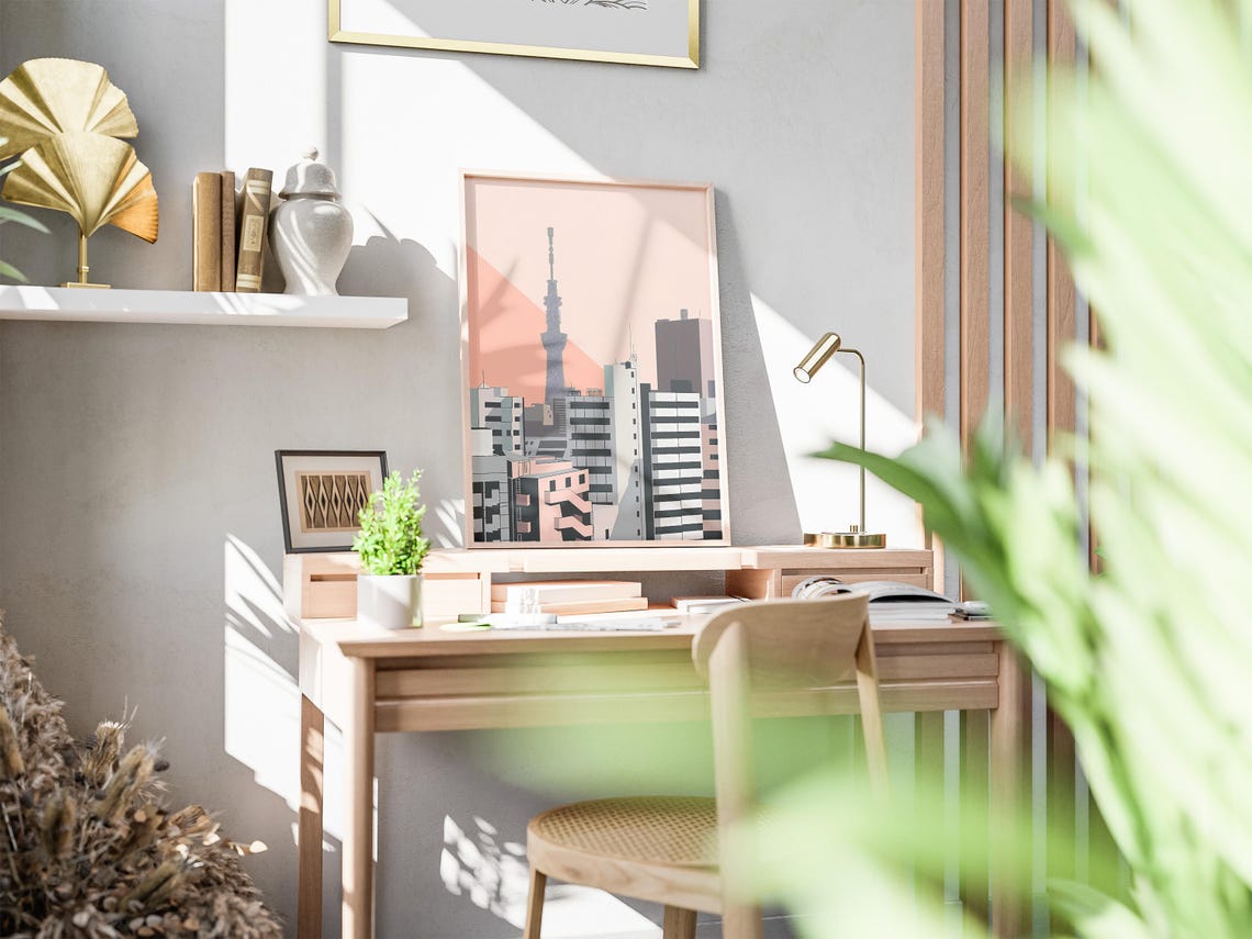 Tokyo Skytree Minimalist Cityscape in Soft Blush Pink Tones Poster - Image 2