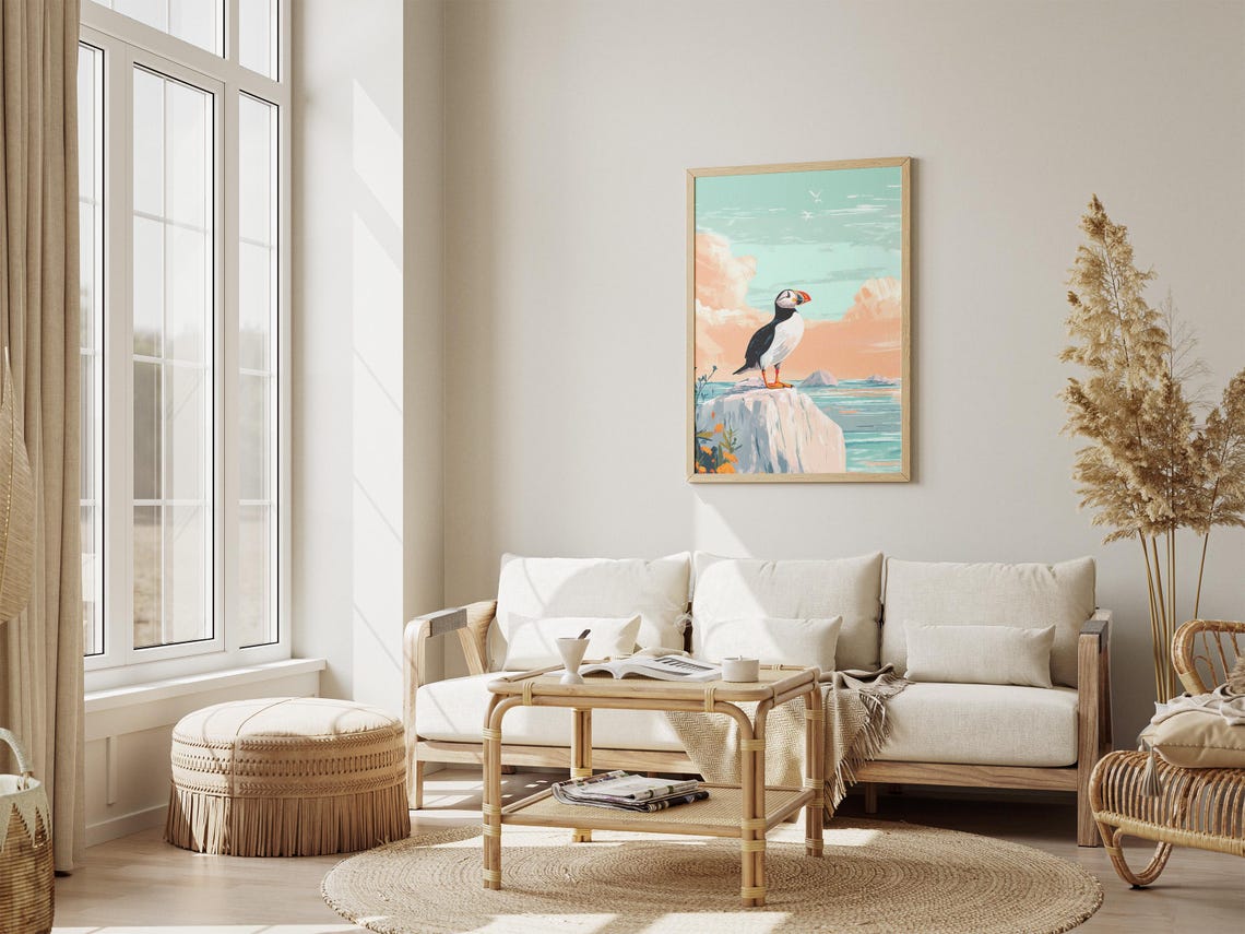 Puffin on a White Cliff with Orange Flowers Coastal Art Poster - Image 4