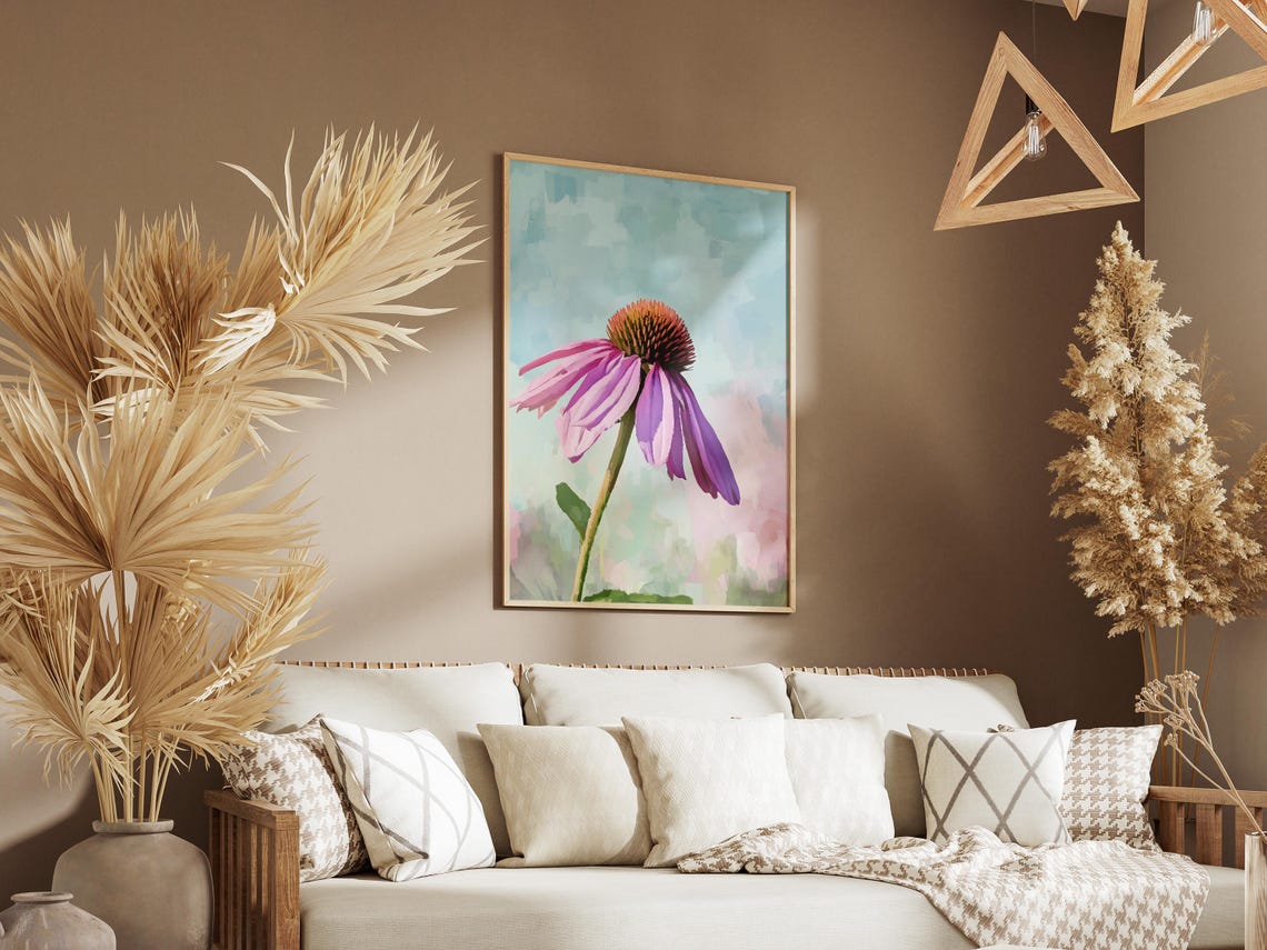 Purple Echinacea Coneflower Bloom On Pastel Blue Floral Poster - Image 3