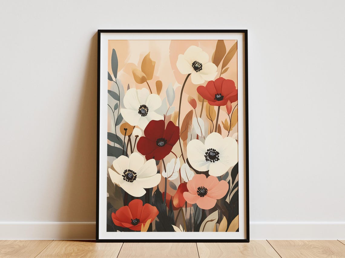 Bohemian Red White Coral Anemone Flower Meadow Botanical Art Poster