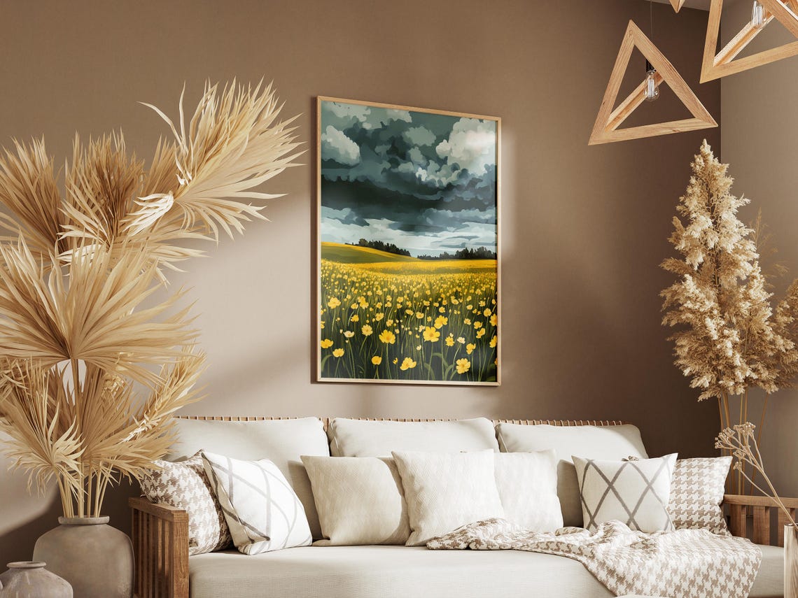 Buttercup Meadow Under Stormy Sky Dramatic Golden Landscape Poster - Image 3