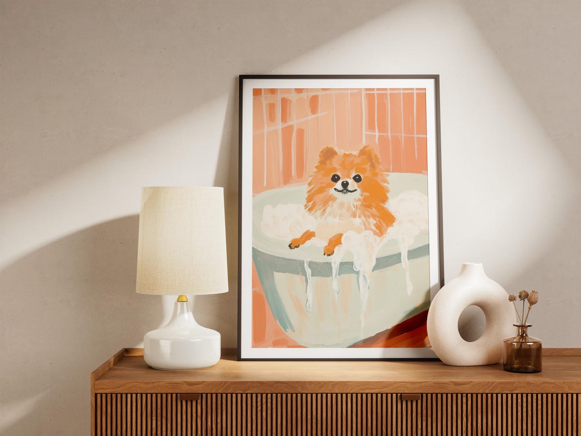 Fluffy Pomeranian Bubble Bath Peach Tile Painterly Dog Poster - Image 4