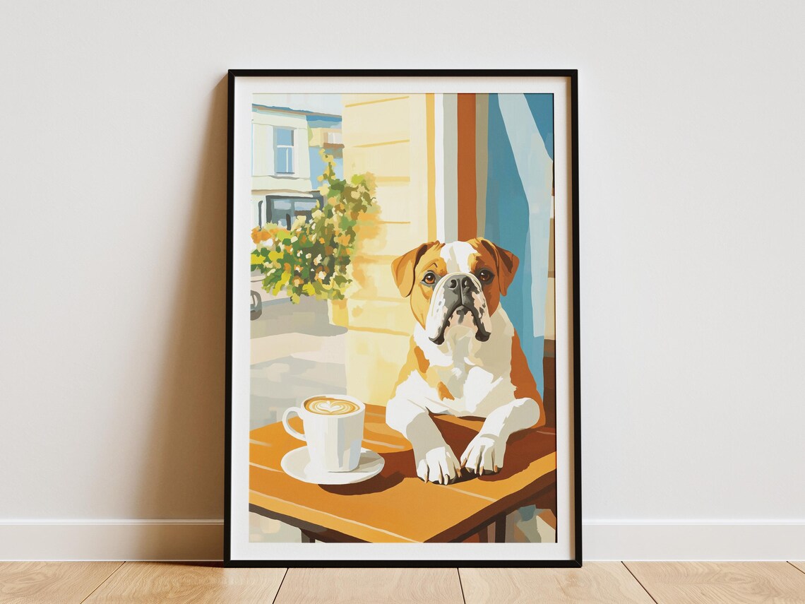 Bulldog Cafe Coffee Art Print Matisse Style Oil Painting Dog Lover Gift Cozy Shop Poster Wall Decor Culture