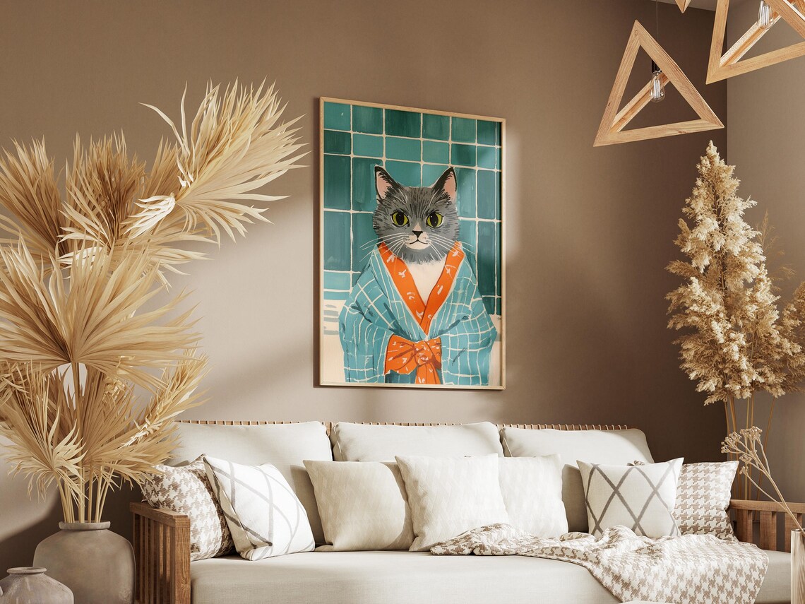 Gray Cat In Blue Robe Poster Funny Whimsical Pet Art For Bathroom Decor - Image 3
