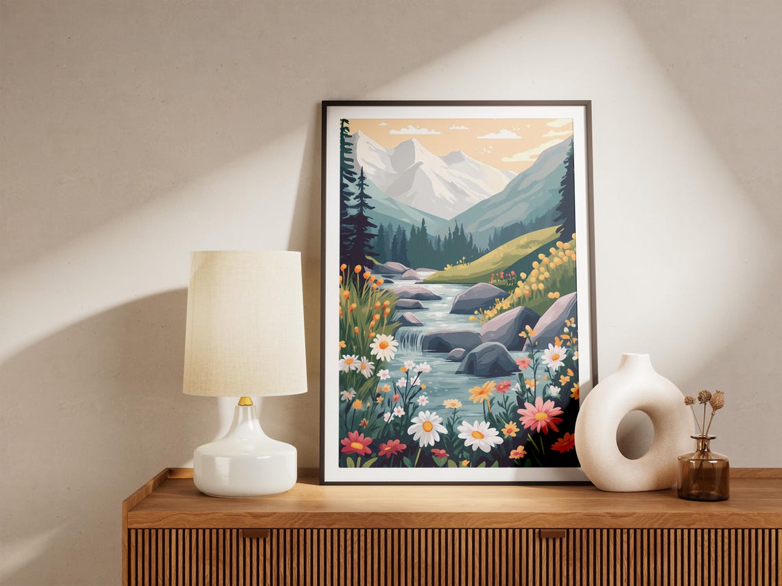 Wildflower Mountain Stream Waterfall Meadow Landscape Poster - Image 4