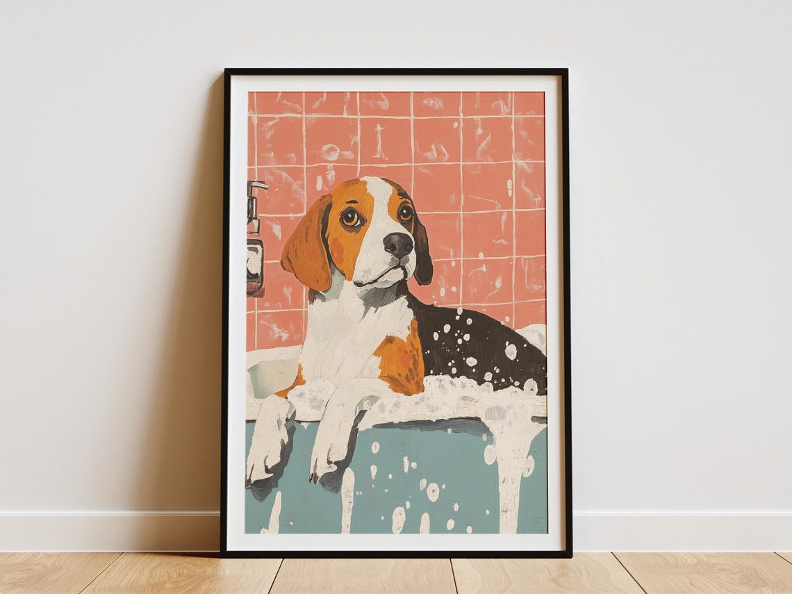 Sweet Beagle Puppy Resting Chin-Deep in a Foamy Bubble Bath Poster