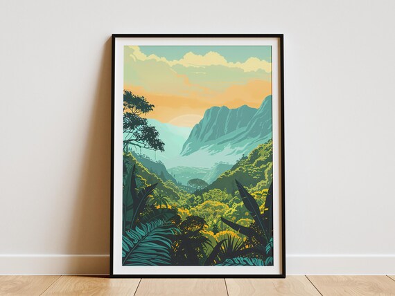 Jungle Mountain Landscape Poster Botanical Tropical Art Print Minimalist Wall Decor Nature Wall Art Green Wall Decor